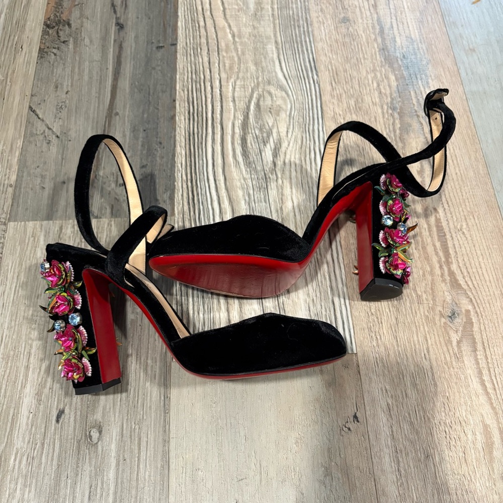 Christian Louboutin Black Velvet Heels with Floral Accents! - Picture 2 of 8